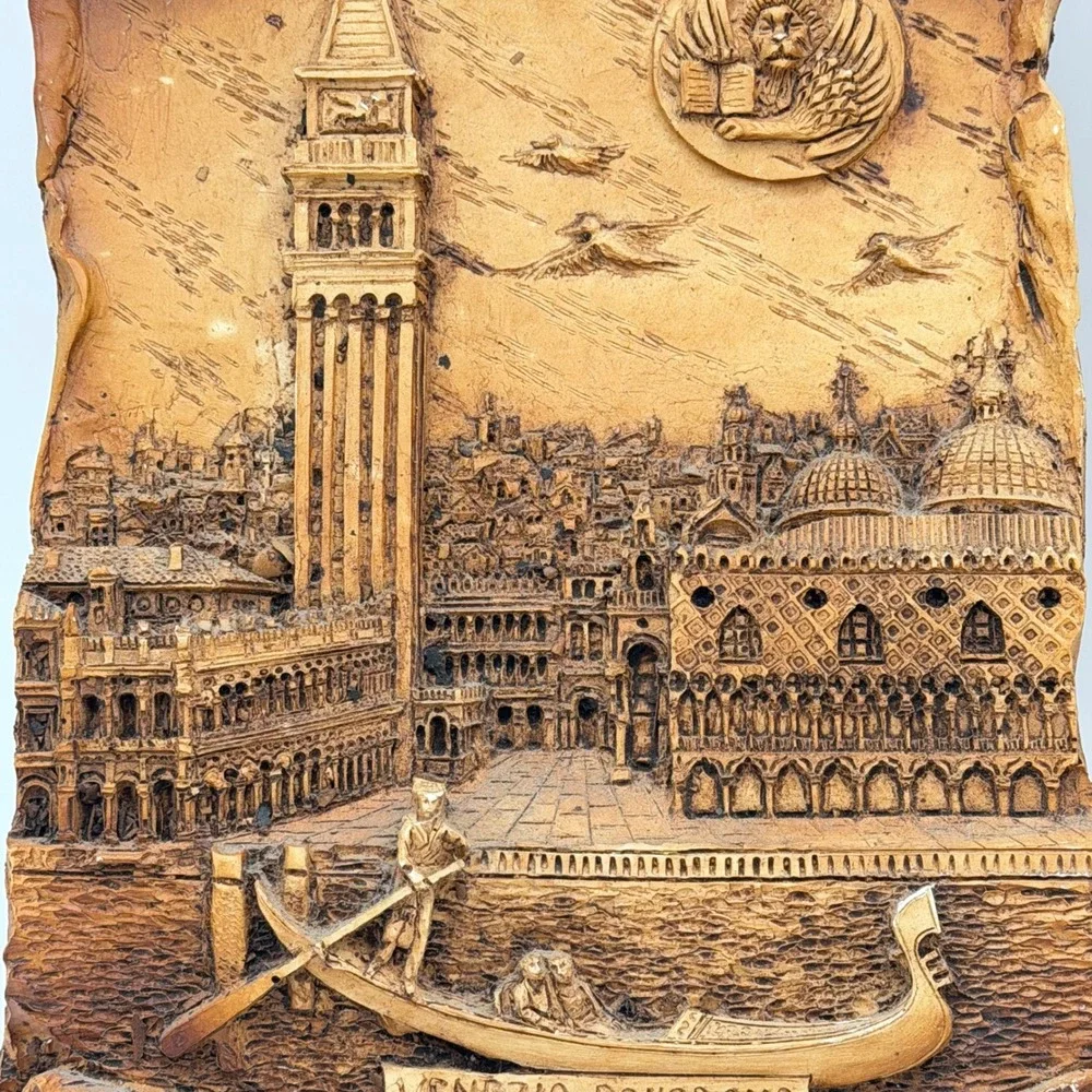 Vintage Paris Venice 3D Relief Scroll Wall Plaques Set of 2 European Landmarks